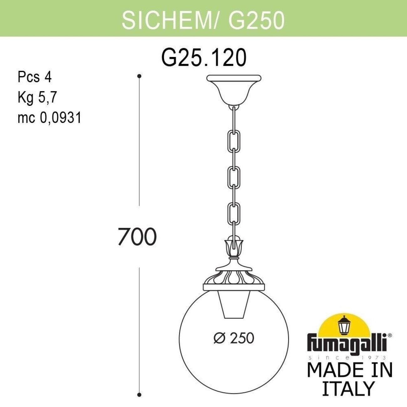 Уличный подвесной светильник IP55 Fumagalli Sichem/G250. G25.120.000.BYE27 в форме шара — фото 2