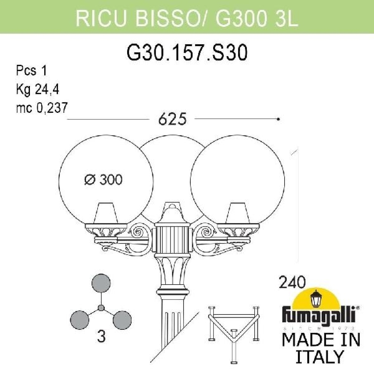 Наземный светильник IP55 уличный Fumagalli Ricu BISSO/G300 3L G30.157.S30.VYE27 в форме шара