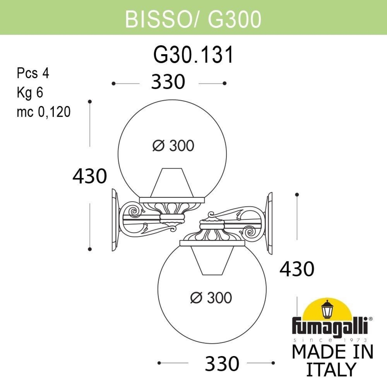 Настенный светильник уличный IP55 Fumagalli Bisso/G300. G30.131.000.AYE27 в форме шара — фото 2
