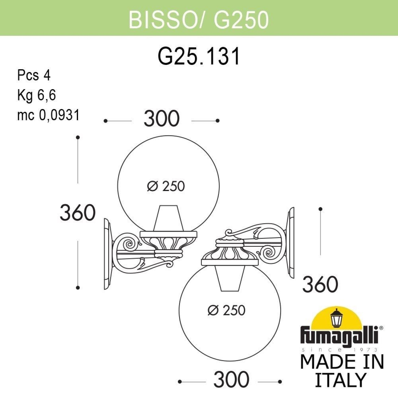 Настенный светильник уличный IP55 Fumagalli Bisso/G250. G25.131.000.BYE27DN в форме шара