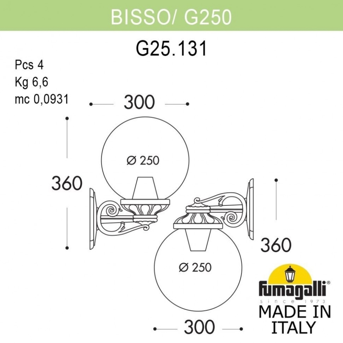 Настенный светильник уличный IP55 Fumagalli Bisso/G250. G25.131.000.VYE27DN в форме шара — фото 2