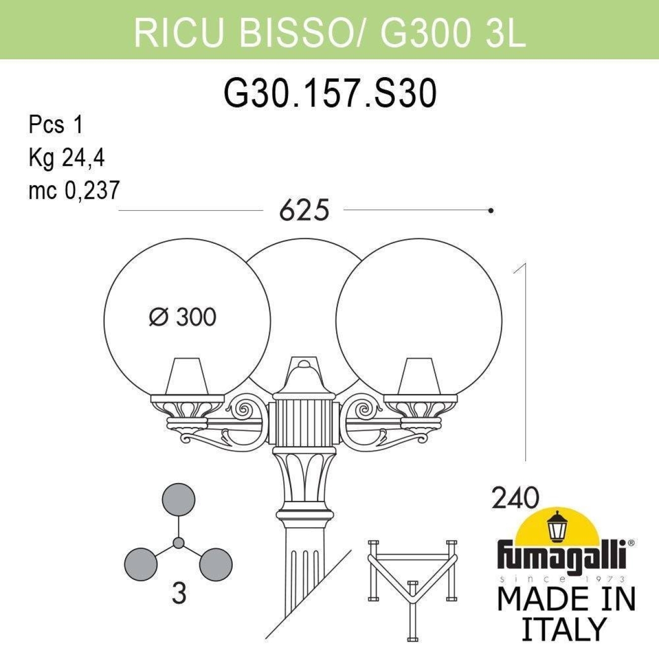 Наземный светильник IP55 уличный Fumagalli Ricu BISSO/G300 3L G30.157.S30.VXE27 в форме шара