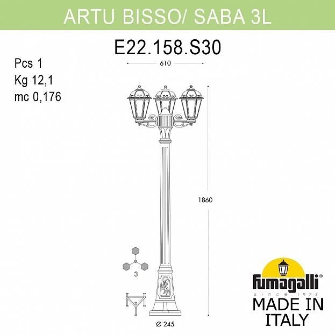 Светильник уличный Fumagalli Artu` Bisso/Saba 3L K22.158.S30.BXE27 — фото 2