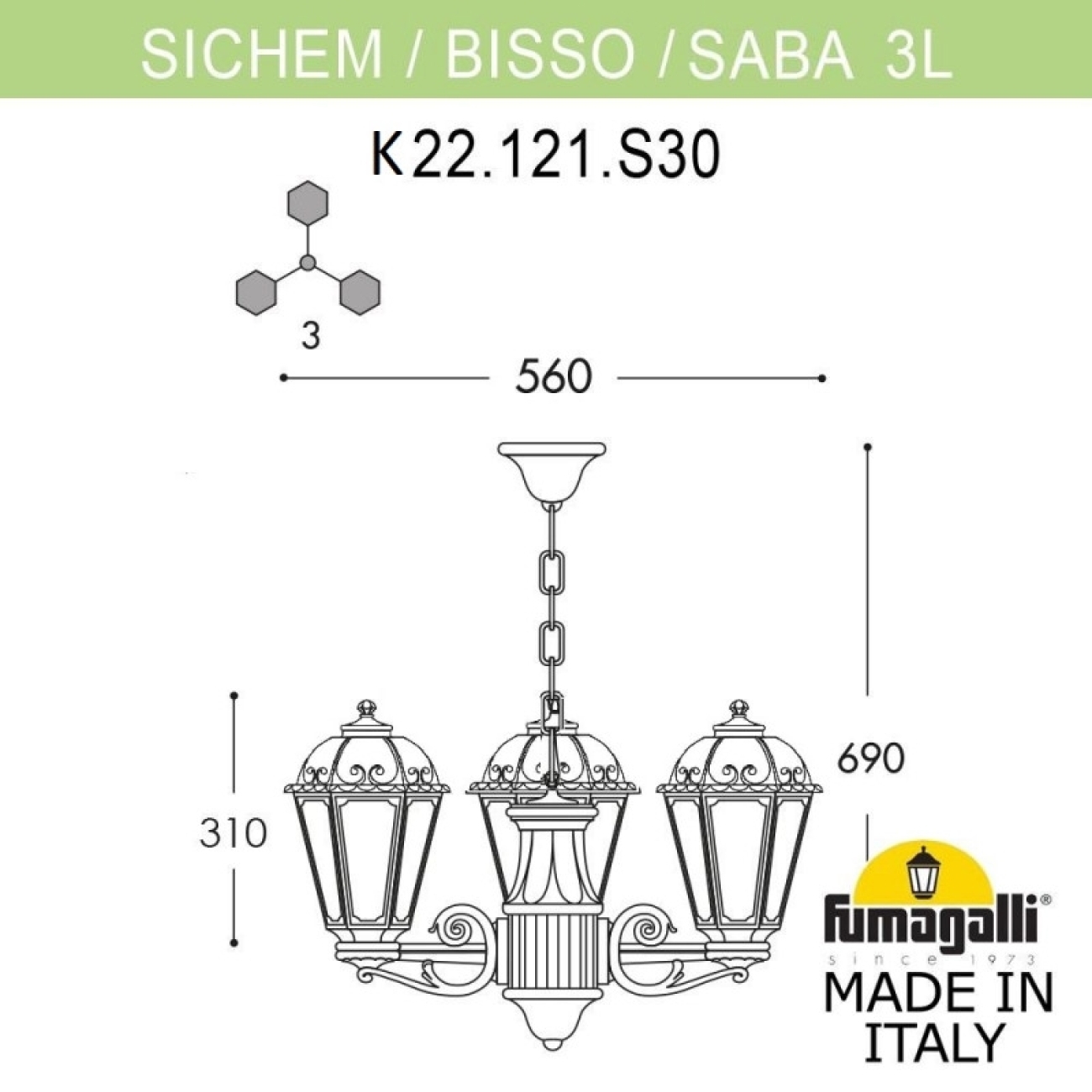 Светильник уличный подвесной Fumagalli Sichem/Saba 3L K22.120.S30.WXE27 — фото 3