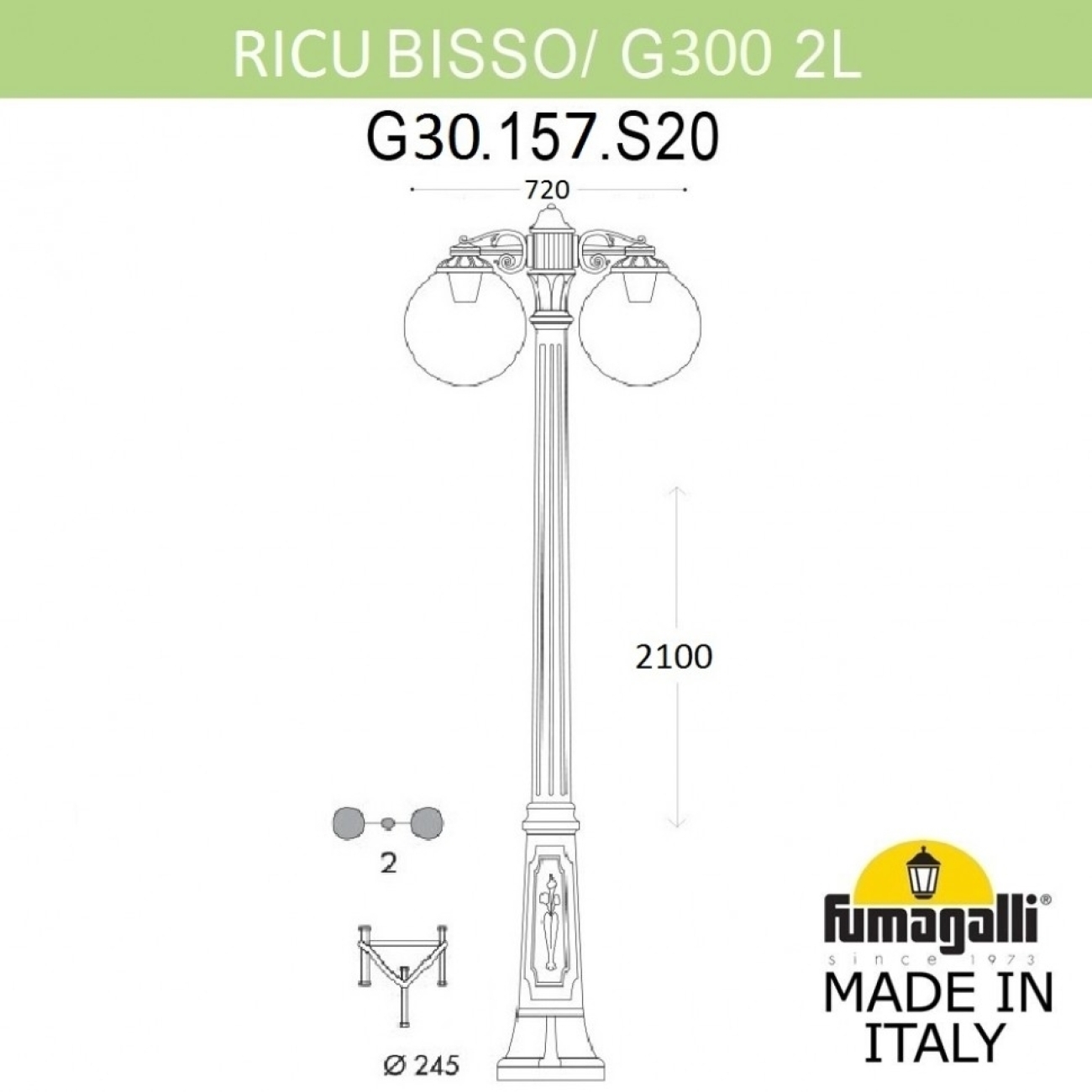 Наземный светильник IP55 уличный Fumagalli Ricu BISSO/G300 2L DN G30.157.S20.VXE27DN в форме шара