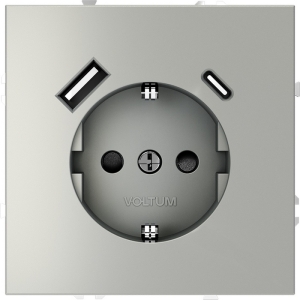 Розетка с заземлением, шторками и USB Type A+С (сталь) Voltum S70 VLS040505