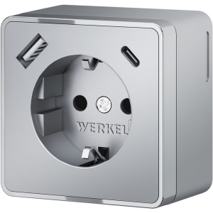 Розетка с заземлением,шторками и USB Type A+С (серебряный) Werkel W5071706 (a057701)